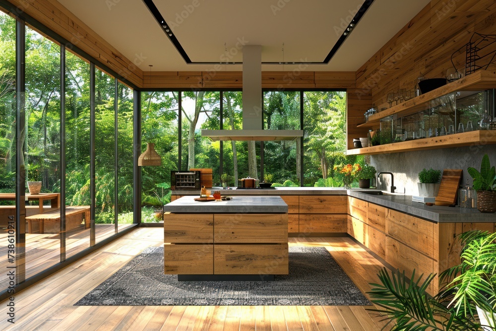 an open kitchen is shown varying wood grains, lively tableaus
