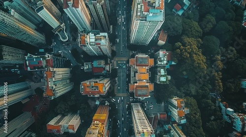 Dynamic aerial view of a bustling urban landscape, captured from a high vanta...