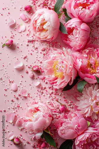 International Women's Day. A top-down image featuring pink peony rosebuds and...