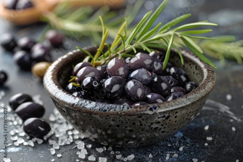 a cross of olive and rosemary in a bowl of black salt with olives