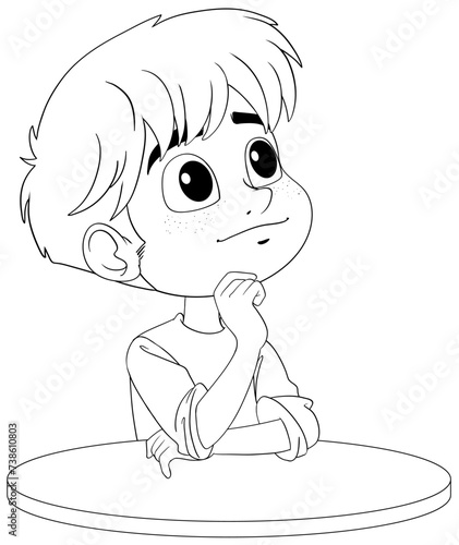 Cartoon boy pondering with a curious expression.