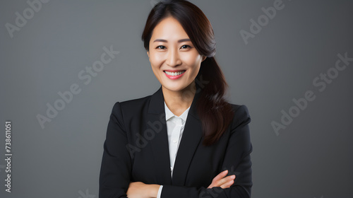 Smiling Asian Businesswoman Pointing Up Against Gray Background.