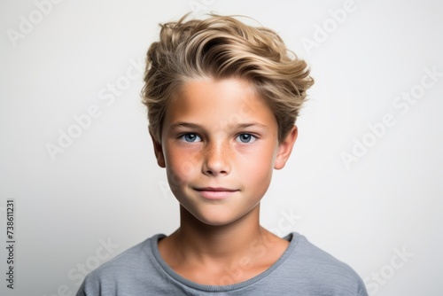 Portrait of a cute little boy with blond hair. Studio shot. photo