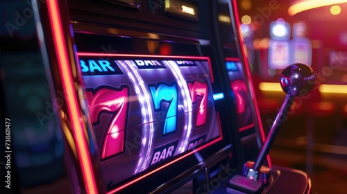 Slot Machine Displaying Lucky Sevens and Bar Symbols. photo