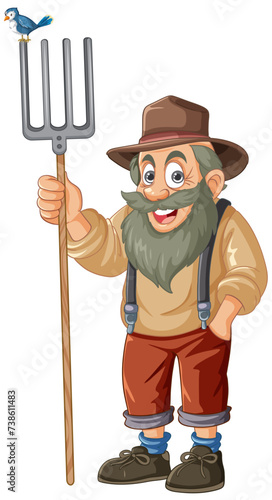 Smiling cartoon farmer holding a pitchfork with a bird.