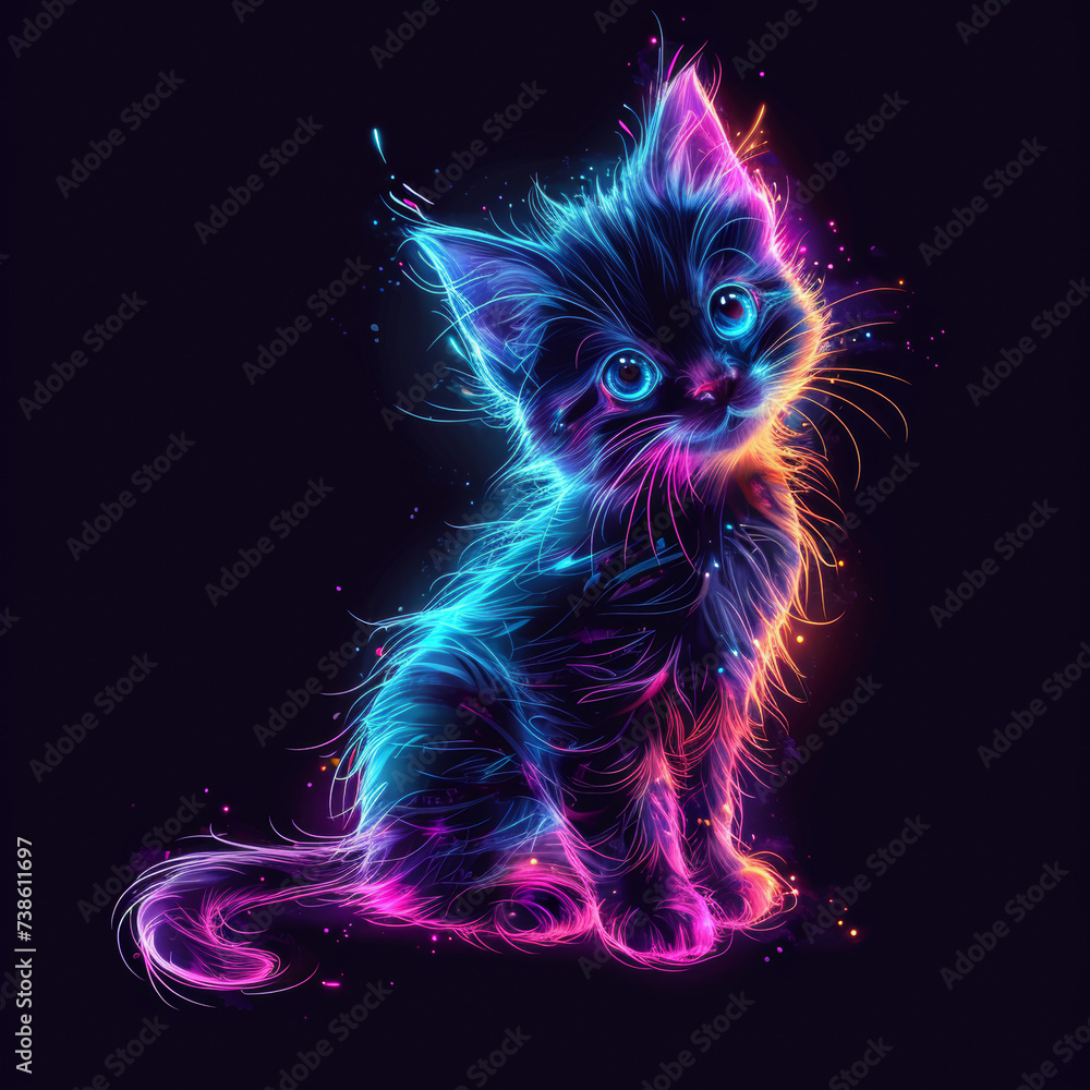 Cute cat neon isolated black background 8K