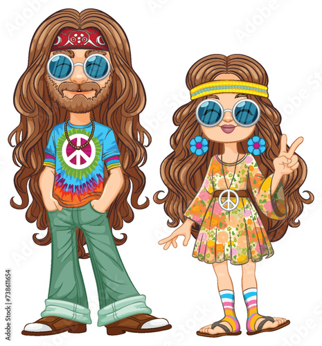 Cartoon of a hippie couple in colorful 70s attire.