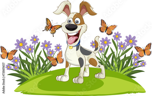 Cheerful cartoon dog surrounded by flying butterflies.