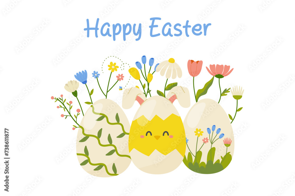 Fototapeta premium happy easter, easter egg on white background with flowers, decor for your card, greetings. vector illustration