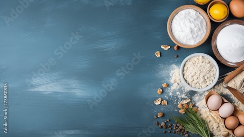 Healthy baking ingredients - flour, almond nuts, butter, eggs, biscuits over a blue table background. Bakery background frame. Top view, copy space