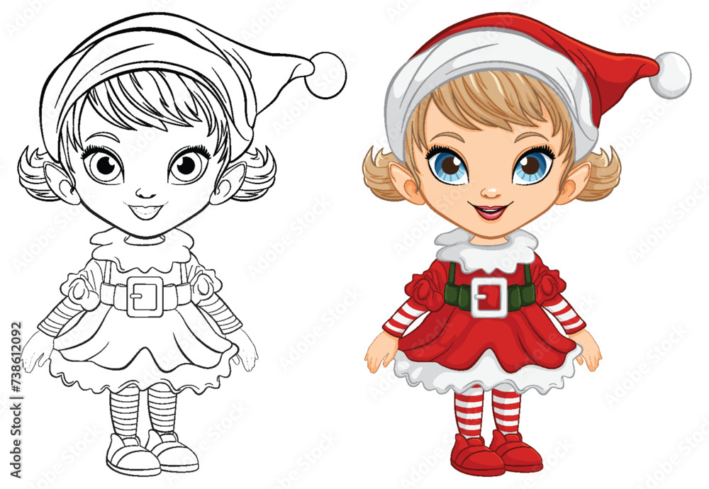 Colorful and line art illustrations of a Christmas elf girl. Colorful and line art illustrations of a Christmas elf girl.