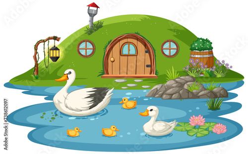 Ducks in water near a charming hillside house.