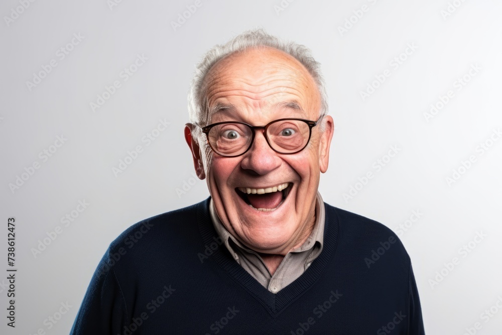 Senior man with glasses laughing and looking at the camera on a gray background Senior man with glasses laughing and looking at the camera on a gray background