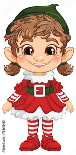 Cute female elf in festive holiday attire smiling.