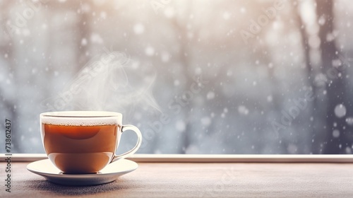 Hot tea cup on a frosty winter day window background