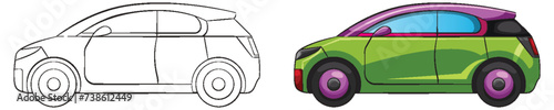 Vector transition from line art to detailed car design.