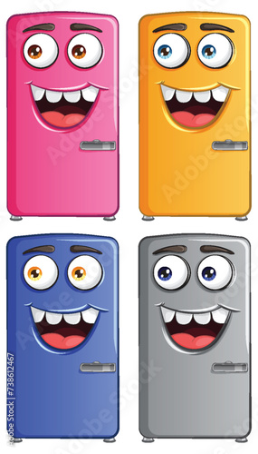 Four cheerful refrigerators with vibrant personalities