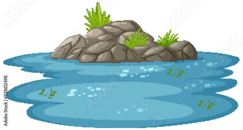 Vector illustration of a tranquil rocky pond