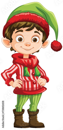 Smiling elf character dressed in Christmas colors.