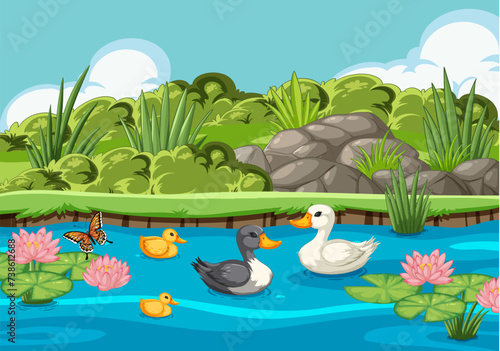 Vector illustration of ducks in a serene pond setting.