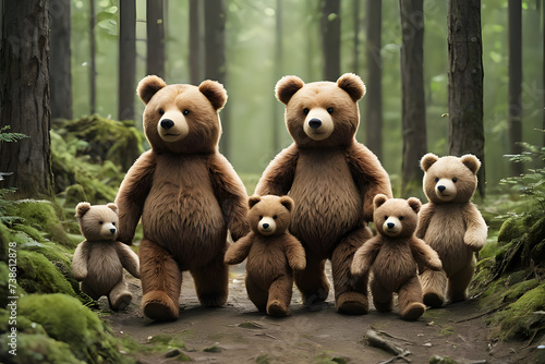 A family of teddy bears walking in the forest. Generative AI © 유진 김