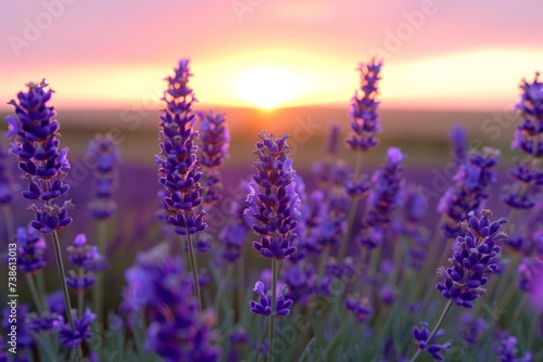 A field of lavender with a sunset backdrop  creating a tranquil and aromatic nature landscape