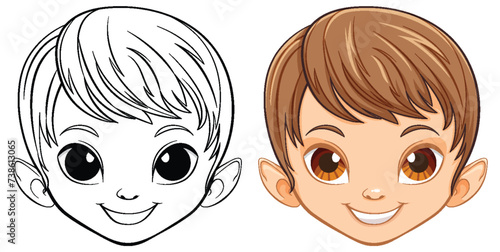 Two stages of a boy's face, line art and colored.