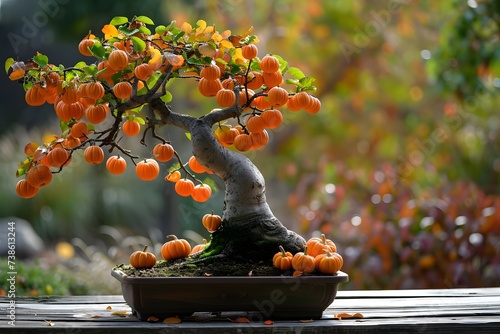 Fototapeta Naklejka Na Ścianę i Meble -  bonsai tree in garden cute growing pumpkins