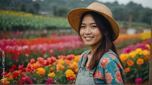 Young beautiful asian woman farmer in a colorful flower farm smiling looking at the camera from Generative AI © Arceli