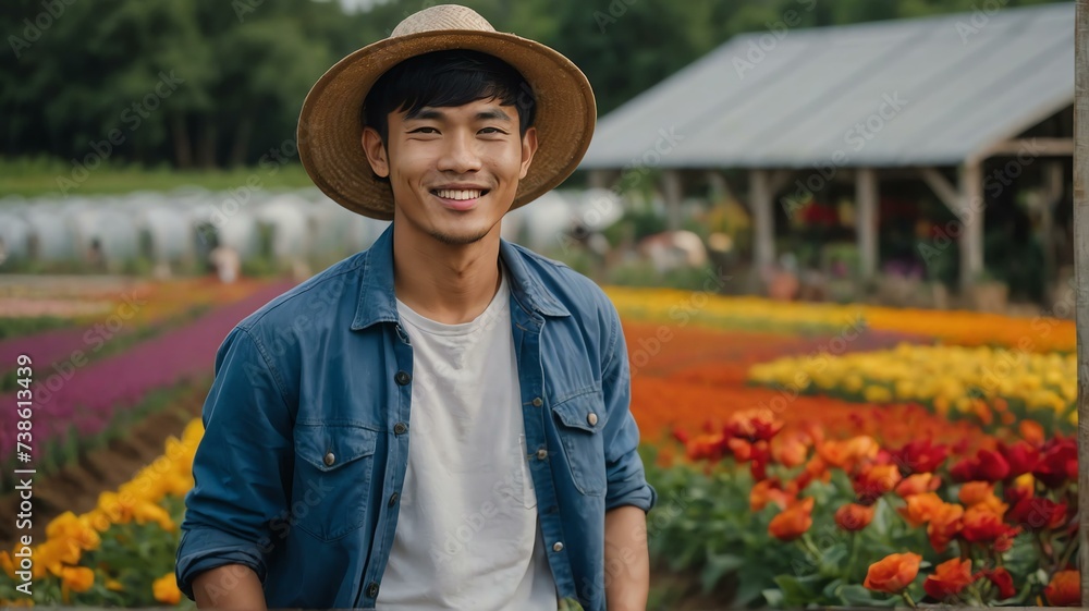 Young handsome asian man farmer in a colorful flower farm smiling looking at the camera from Generative AI