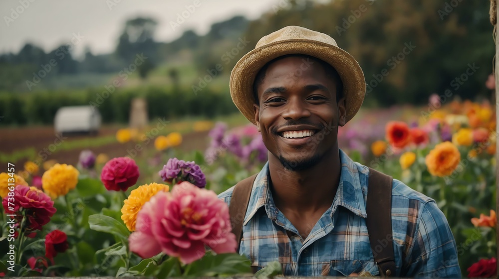 Young handsome black african man farmer in a colorful flower farm smiling looking at the camera from Generative AI