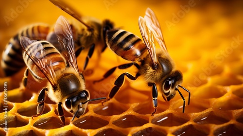 Macro photo of working bees on honeycombs. Beekeeping and honey production image © Elchin Abilov