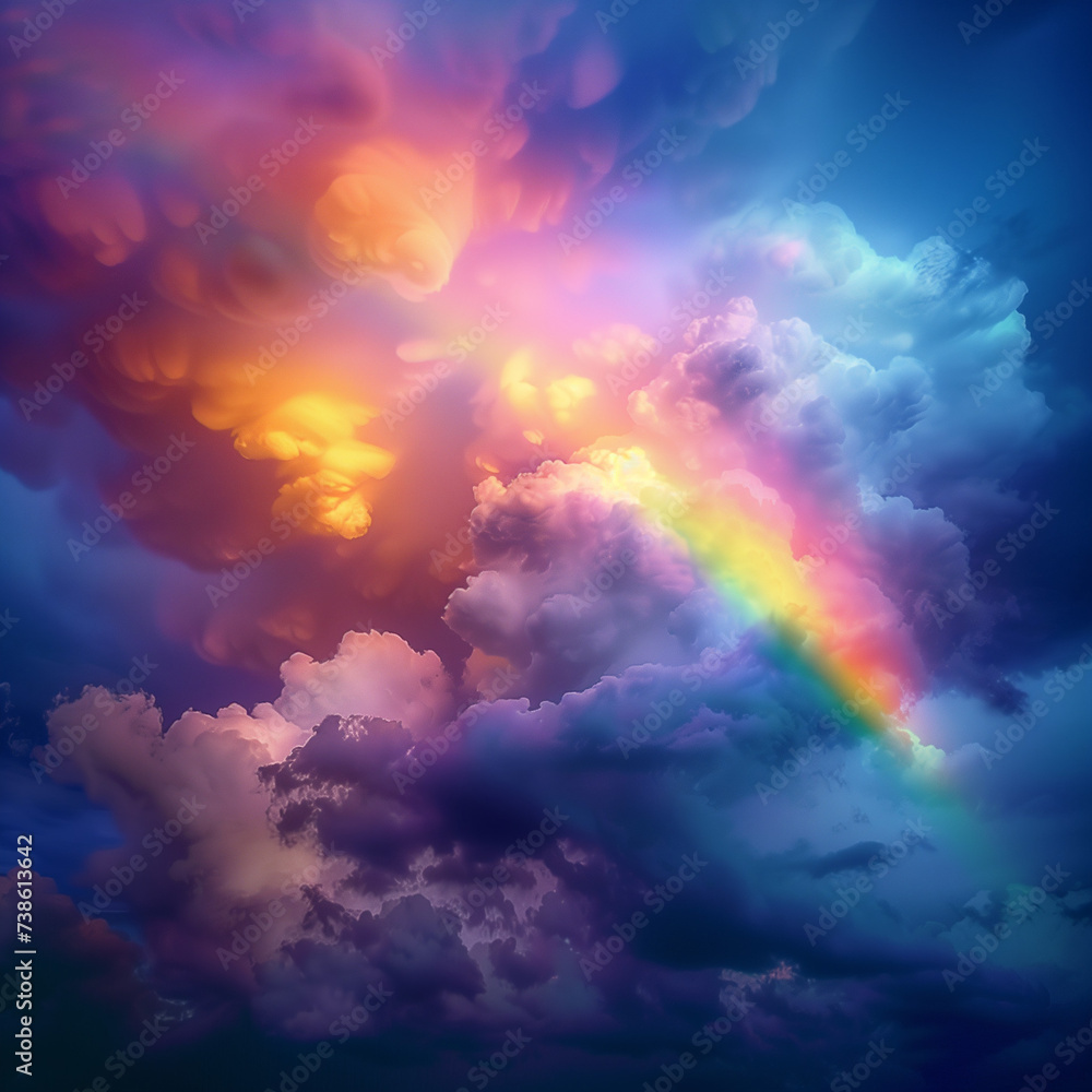 Surreal sky with a vivid rainbow piercing through dark storm clouds, a symbol of hope and beauty after turmoil