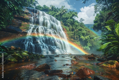 A rainbow over a waterfall in a lush rainforest  vibrant and lively nature landscape