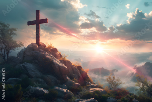 Göttliches Licht: Leuchtendes christliches Kreuz auf dem Gipfel eines Berges