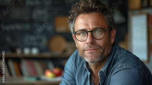 Portrait of a teacher with glasses in a school classroom in the background with students' desks, blackboard, apples and school supplies. Healthy school environment, teacher's day and primary educatio