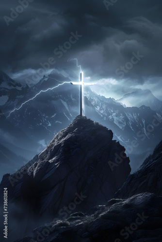 Göttliches Licht: Leuchtendes christliches Kreuz auf dem Gipfel eines Berges
