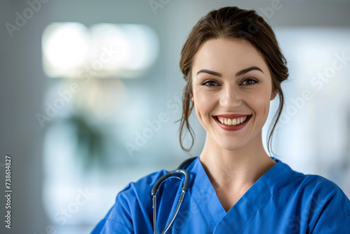 Smiling Woman in Scrubs and Stethoscope