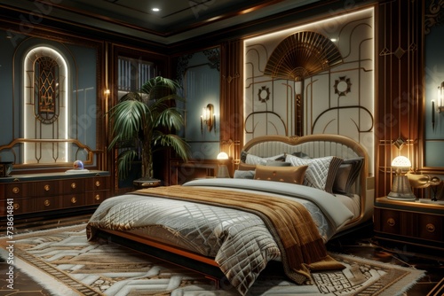 Art Deco inspired bedroom with bold geometric patterns, luxurious fabrics, and elegant lighting fixtures