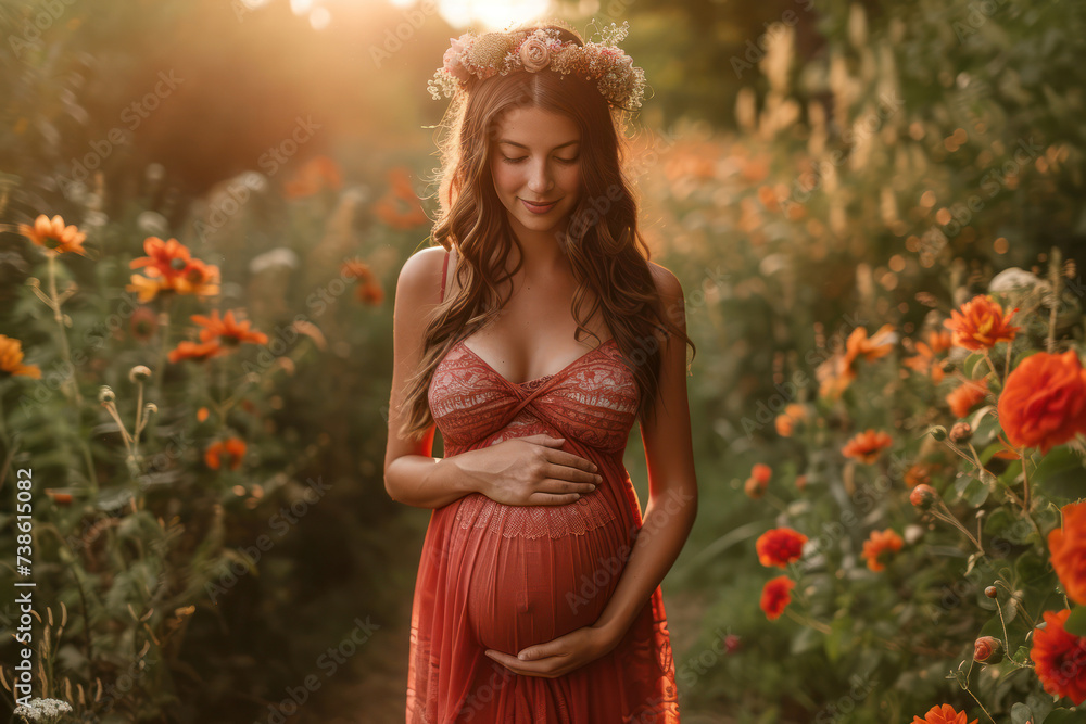 Pregnant Woman Wearing in Red Dress at Sunset extreme closeup. Generative AI Pregnant Woman Wearing in Red Dress at Sunset extreme closeup. Generative AI