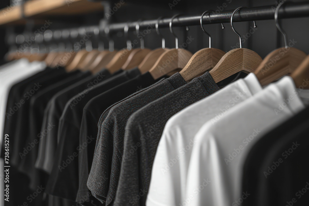 Black and White Shirts on Rack extreme closeup. Generative AI Black and White Shirts on Rack extreme closeup. Generative AI