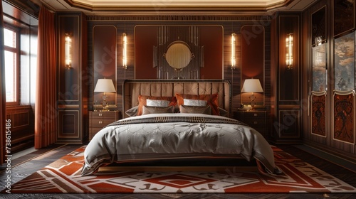 Art Deco inspired bedroom with bold geometric patterns, luxurious fabrics, and elegant lighting fixtures © arhendrix