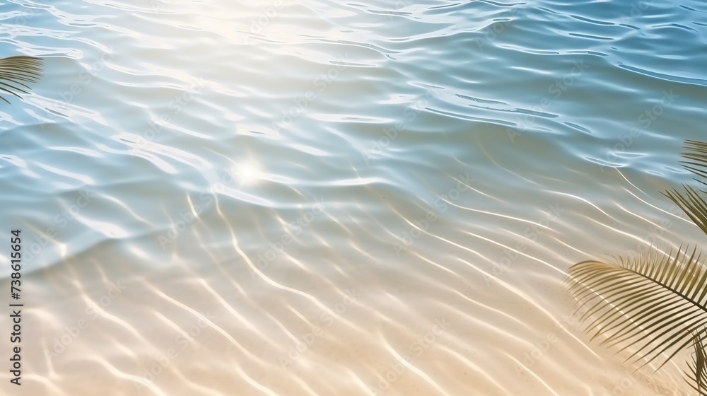 Palm leaf shadow on abstract white sand beach background, sun lights on water surface, beautiful abstract background concept banner for summer vacation at the beach Palm leaf shadow on abstract white sand beach background, sun lights on water surface, beautiful abstract background concept banner for summer vacation at the beach