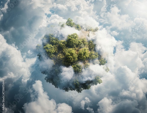 A nature-themed naturalism art of planet Earth with continents covered by giant trees and enveloped by white clouds. The background is white clouds. Created with Generative AI. © an