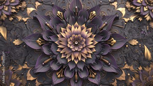3D flower background with ornament, decorated with golden brass color, makes it look luxurious; mandala 3D wall interior decoration; Diwali flower theme decoration; feel of timeless appeal,  photo