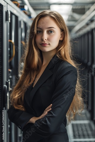 Business woman in a computer server room 