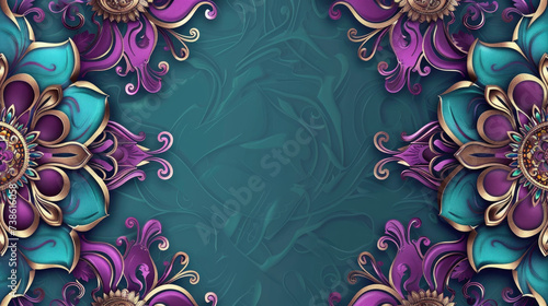 Fototapeta Naklejka Na Ścianę i Meble -  teal green and deep purple 3d mandala border frame wall, luxurious yet modern for any occasion use, ceiling wall interior, podium background wall interior or exterior design