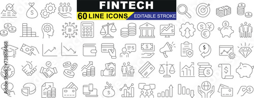 fintech line icon set, featuring bank, money, blockchain, investment strategies, technology, security. Ideal for web, app, finance related content