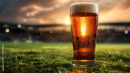 Glass of fresh and cold beer on soccer football stadium, generative ai