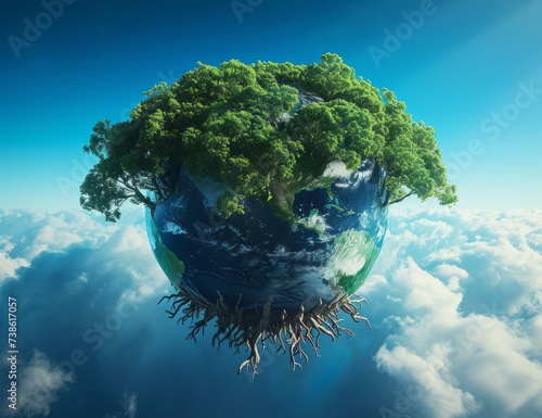 A nature-themed naturalism art  the planet Earth is overgrown with giant trees  and their roots penetrate beneath the planet. The background is above clouds and blue sky. Created with Generative AI.